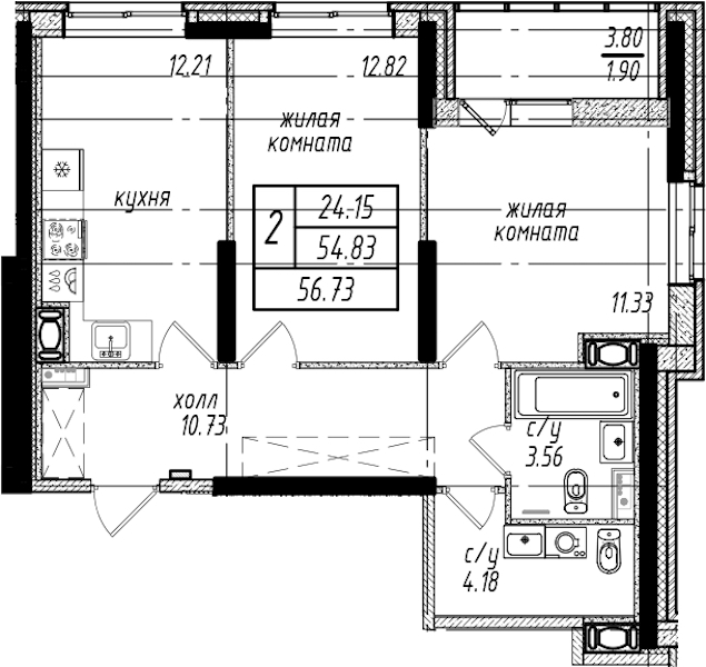 2-комнатная квартира 56.73 м², 13/25 эт., ЖК «Северная Долина»